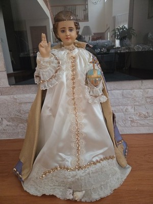 Vintage Infant of Prague Statue 20.5'' Large Plaster Devotional Figurine Dressed 