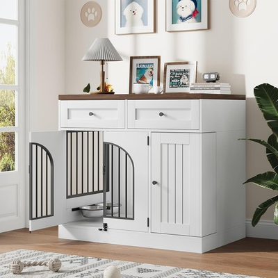 #ad 37 Inch Farmhouse Dog Crate Furniture with Drawers Storage Kennel Indoor Home $187.72
