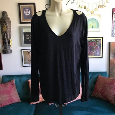 JOHN ESHAYA size M / L Black Stretch Jersey Cold Shoulder Cut Out Back Top