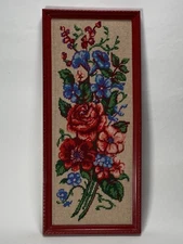 Charming VINTAGE Large Needlepoint FLORAL Red Frame Colorful Design Handmade