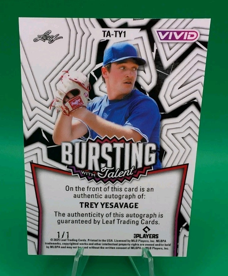 Trey Yesavage 2025 Leaf Vivid Bursting with Talent RC Auto Yellow 1/1 Blue Jays view 2