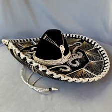 Vintage ROMA 1898 PARIS 1900 Mexican Sombrero Mariachi Hat. Black Velvet / White
