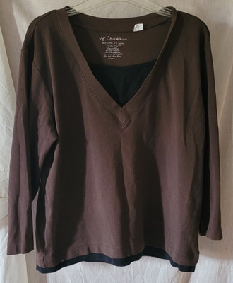 Women's Chico's Shirt Size 3 Layered Look Solid Brown Long Sleeve Casual V-Neck