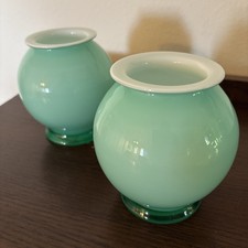 2 Handcrafted Cased Glass Vase Seafoam Green White Interior 4.5 Round MINT COND