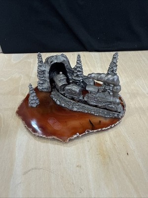 Miniature Pewter Train Scene Mounted On Geode Slice, Trains Not Attached