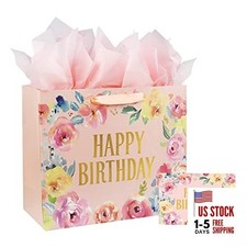 13" Large Happy Birthday Gift Bag with Card and Tissue Papers, Handles 13" Pink