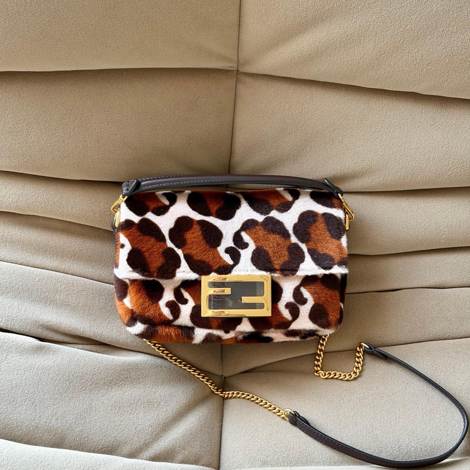Fendi Mini Baguette Chain Bag in Brown Leopard Print Pony Hair