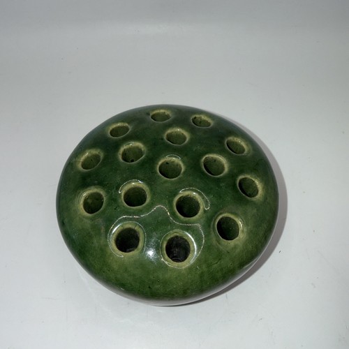 Vintage Ceramic GREEN 16 Hole Flower Frog 3 1/4 wide tall 1 1/2