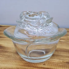 Vtg Clear Glass Cabbage Rose Covered Candy/Trinket Dish/Bowl 4.5" T x 5.5" W