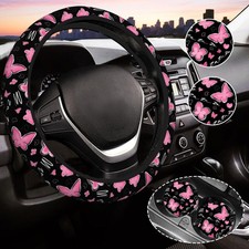 Universal Pink Butterfly Steering Wheel Cover 1415 Inch With 2 Car Coasters
