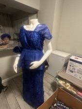 Blue Mesh Beaded Long Formal Gown with Asymmetrical Short Sleeve