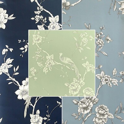 Chinoise Wallpaper Floral Trail Exotic Bird Flower - Navy & Blue