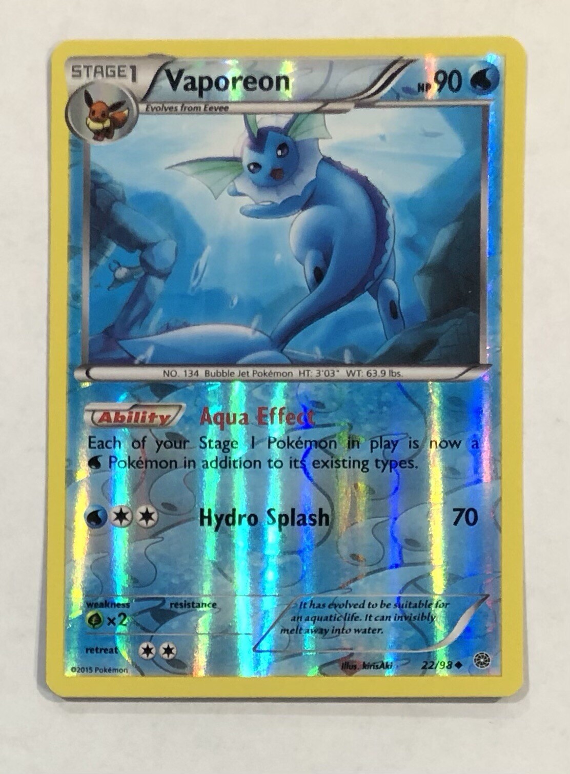 Pokemon VAPOREON Card 22/98 Reverse Holo Uncommon XY Ancient Origins Light Play