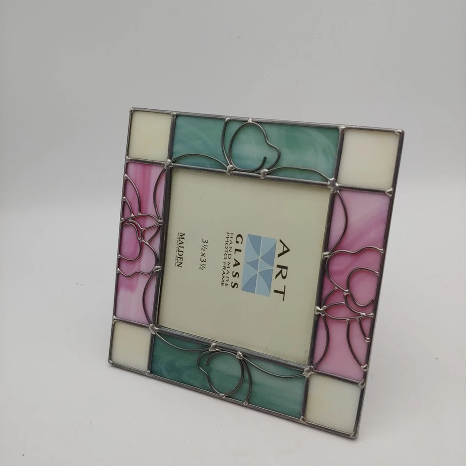 Leaded Stained Glass Picture Frame - 3.5" Pastel Green Pink Floral Rose Flowers - Image 4 of 4