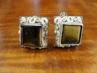 Vintage Tiger's Eye Stones Spun Silver Sterling 925 Screw Back Earrings