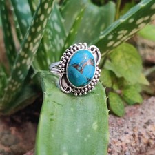 925 Sterling Silver Blue Copper Turquoise Gemstone Jewelry Designer Women's Ring