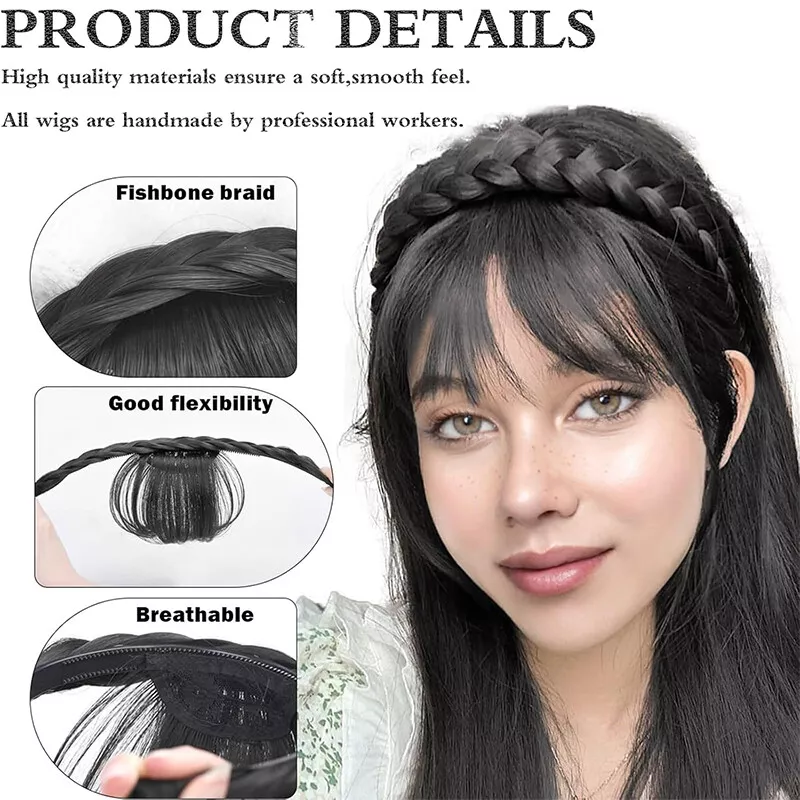 Bangs Hairband Women Girls Fringe Bangs with Braids Headband Hair Extensions - Picture 8 of 14
