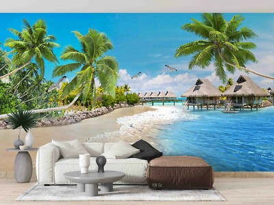3D Tropical Palm Tree Beach Sea Self-adhesive Removable Wallpaper ...