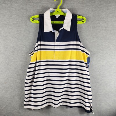 NWT Crown & Ivy Sleeveless Top Women XXL Navy Yellow Striped Collared Knit