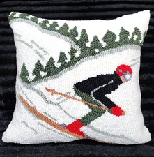 Peking Handicraft 16" Hooked Front Skier Throw Pillow Winter Ski Slopes Snow Fun