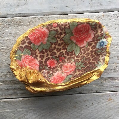 Handmade Vintage Baby Abalone Shell Ring Dish Decoupaged Floral Motif ...