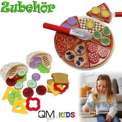 QMBASIC Kinder Spielküche Holz Zubehör Pizza Döner Gemüse schneiden Filz Lebensmittel