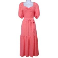 DKNY Smocked Puff Short Sleeve PinkCoral Belt Tie Dress 12 Midi Tiered Milkmaid