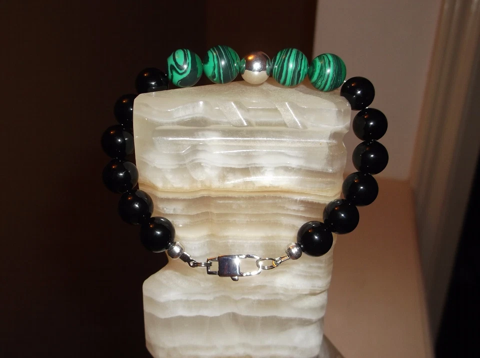 PULSERA HOMBRE HECHA A MANO 8 1/2" 10 MM ÁGATA NEGRA / 12 MM MALAQUITA SS CUENTAS Foto 2 de 4