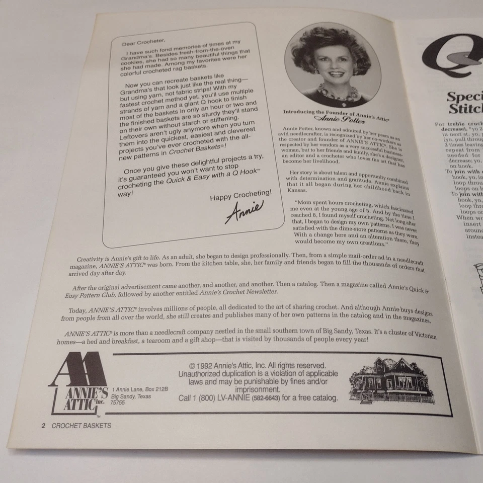 Annie's Attic Quick & Easy With A Q Hook Crochet Baskets #651A VTG 1992 - Image 3 of 4