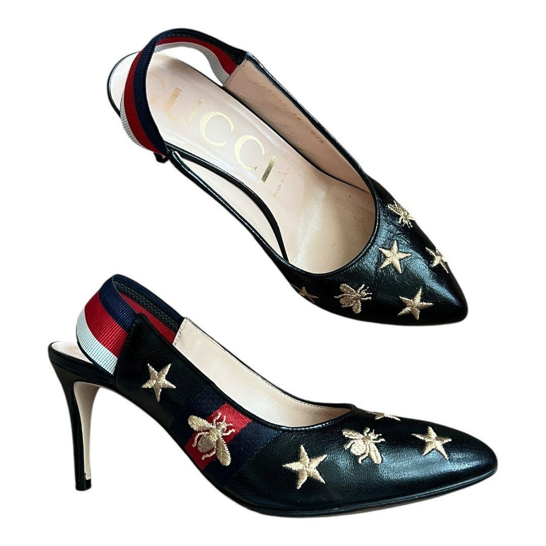 Gucci Sylvie Web Bee Leather Slingback Pumps with Round Toe-image