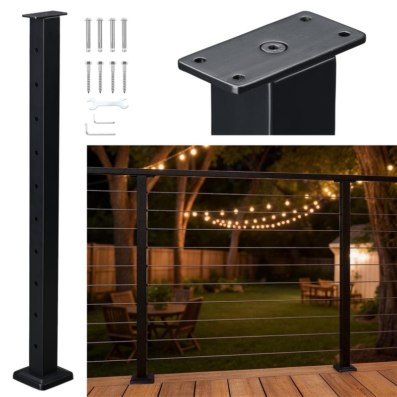 Yescom Black Cable Railing Post 36" Horizontal Deck Railing Pre-Drilled Post