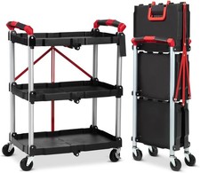 3-Tier Folding Utility Cart with Wheels - Portable Folding Service Cart w/Handle