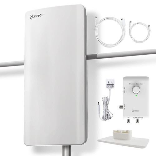 HDTV & FM Amplified Antenna 85 Miles AT-800SBS with Dual Outputs Smart Boost ...