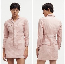 Madewell x MN Pink Denim Dress Long Sleeve Hand Dye Front Pockets Womens Size S 