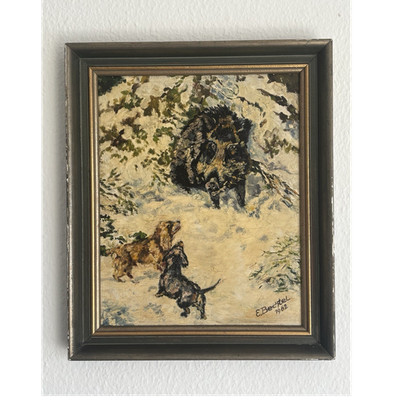 Schmincke gerahmtes Gemälde Wildschwein & Jagdhunde E. Bechtel 1962 50x40