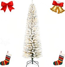 Pencil Tree Christmas Artificial 7.5Ft with LED Light PVC Flocked Xmas Tree