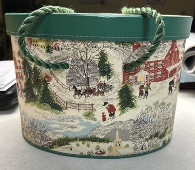 Vtg.c.1950-Grandma Moses DEEP SNOW Barkcloth/Cardboard Sewing Box W/Rope Handles
