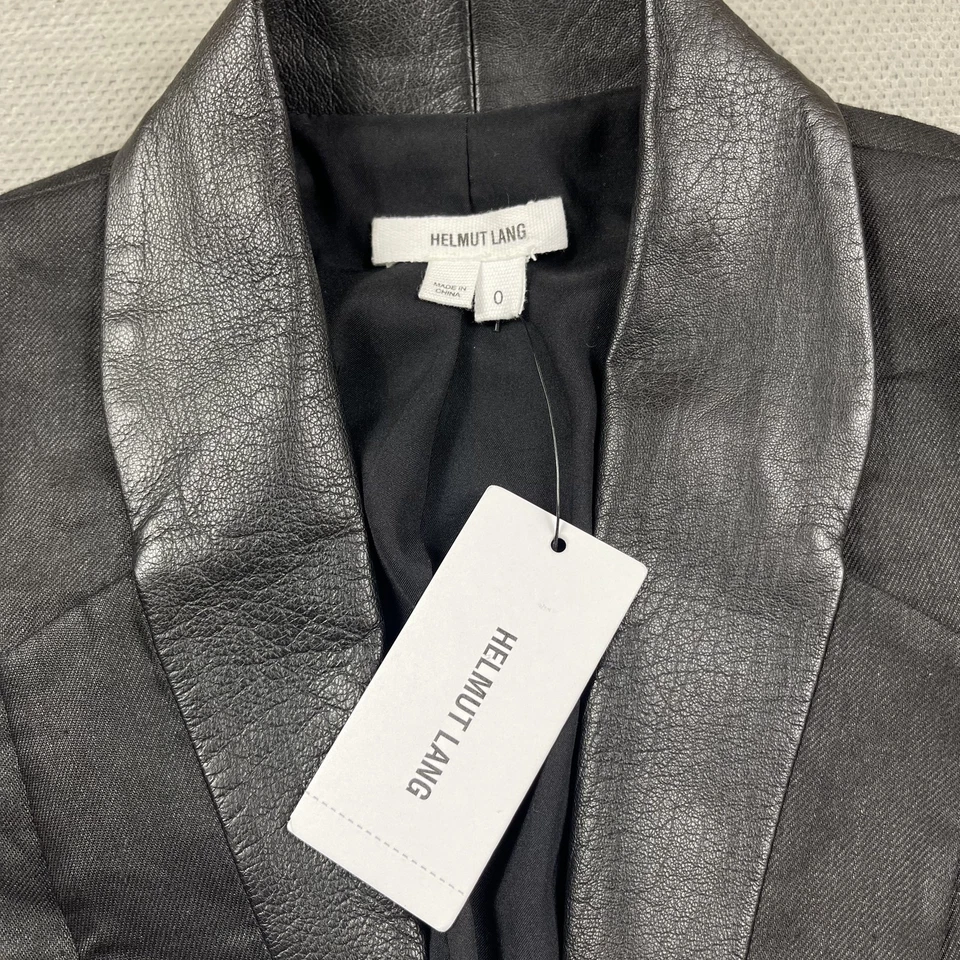 Helmut Lang Blazer Womens 0 Black Leather Trim Linen Blend Jacket SW-JK520 New - Image 2 of 4