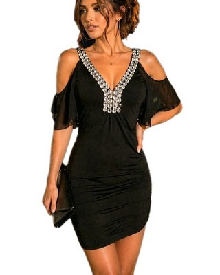 Body Central Black Rhinestone V-Neck Dress Cold Shoulder Bodycon Party Small Y2K