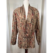 Vintage Cache 90s Silk Jacquard Blouse Art Deco Abstract Print Tan Red Teal 14
