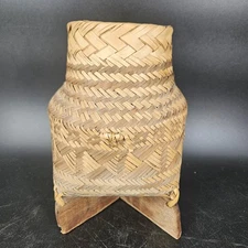 Handwoven Bamboo Basket Wooden X-Base Stand 8" Rustic Boho Home Decor Storage