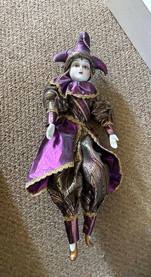 Vintage Porcelain Jester Clown Doll   Purple  & Gold Harlequin Kingstate 19''