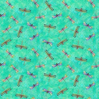LILY POND FABRIC Green Dragonflies Clothworks Sue Zipkin BTHY