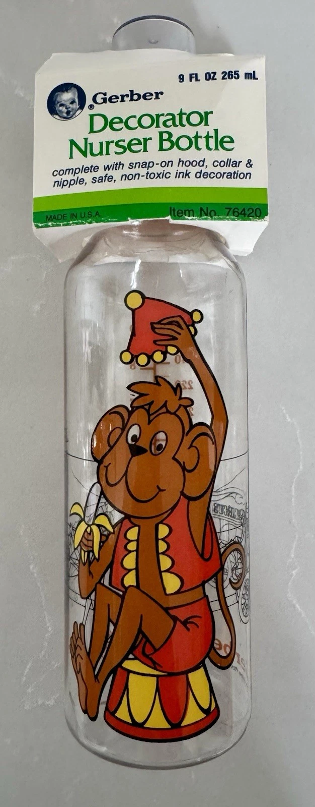 VTG 1987 Gerber Decorator Nurser Baby Bottle Circus Monkey NOS 9oz Item 76420