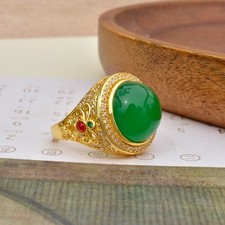 18k Gold-Plated GREEN chalcedonJade Ring with colorful zirconium Adjustable Size