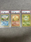 Pokemon Base Set Starter Set, PSA 9 Mint, Squirtle, Charmander, Bulbasaur, 1999.