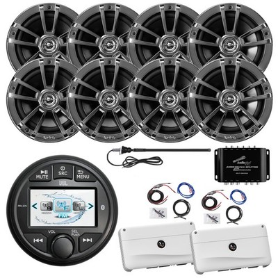 Marine AM/FM/WB Radio, 8x 6.5'' Speakers, 2x Amp w/Kit, Splitter, Antenna (Black)