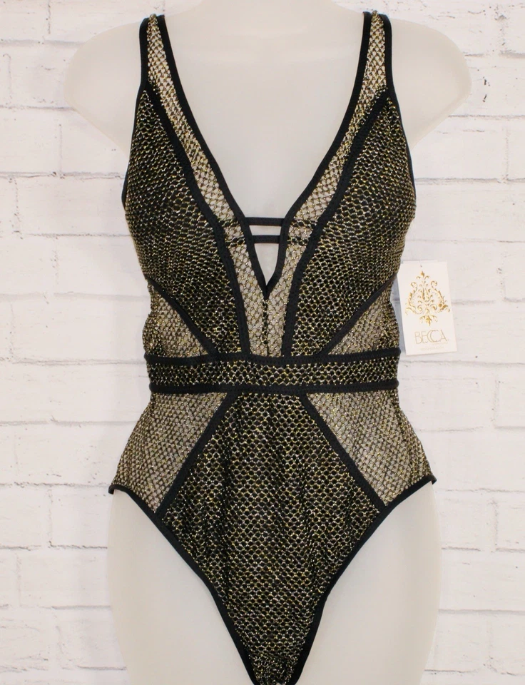 Traje de baño de una pieza de malla metálica Becca Network negro talla grande nuevo con etiquetas Foto 2 de 4