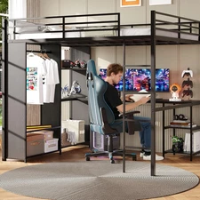 Queen Loft Bed with L-Shaped Desk and Storage Shelves, Queen Size Loft Bed Frame