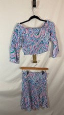 Lilly Pulitzer Smocked Off Shoulder Crop Top Skirt Set Size S Purple Blue Print